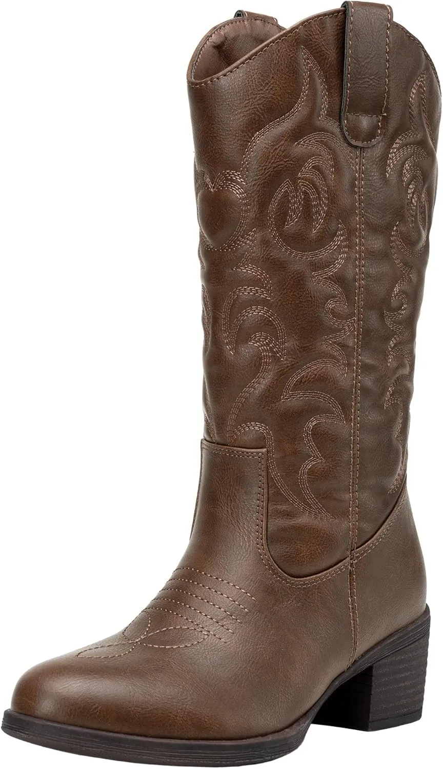 Vepose Women's Cowboy Boots Western Cowgirl Round Toe Mid Calf Boots for Women