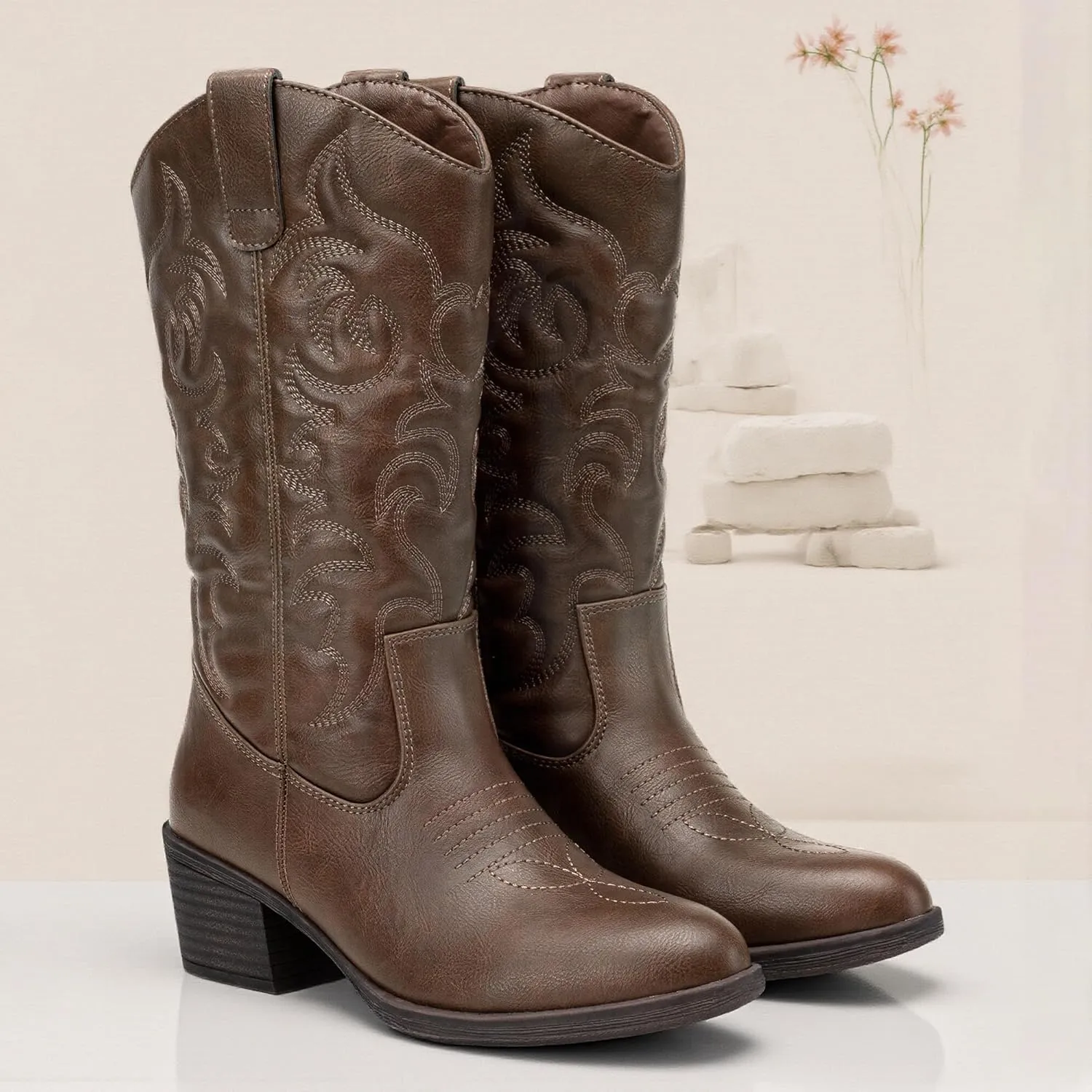 Vepose Women's Cowboy Boots Western Cowgirl Round Toe Mid Calf Boots for Women