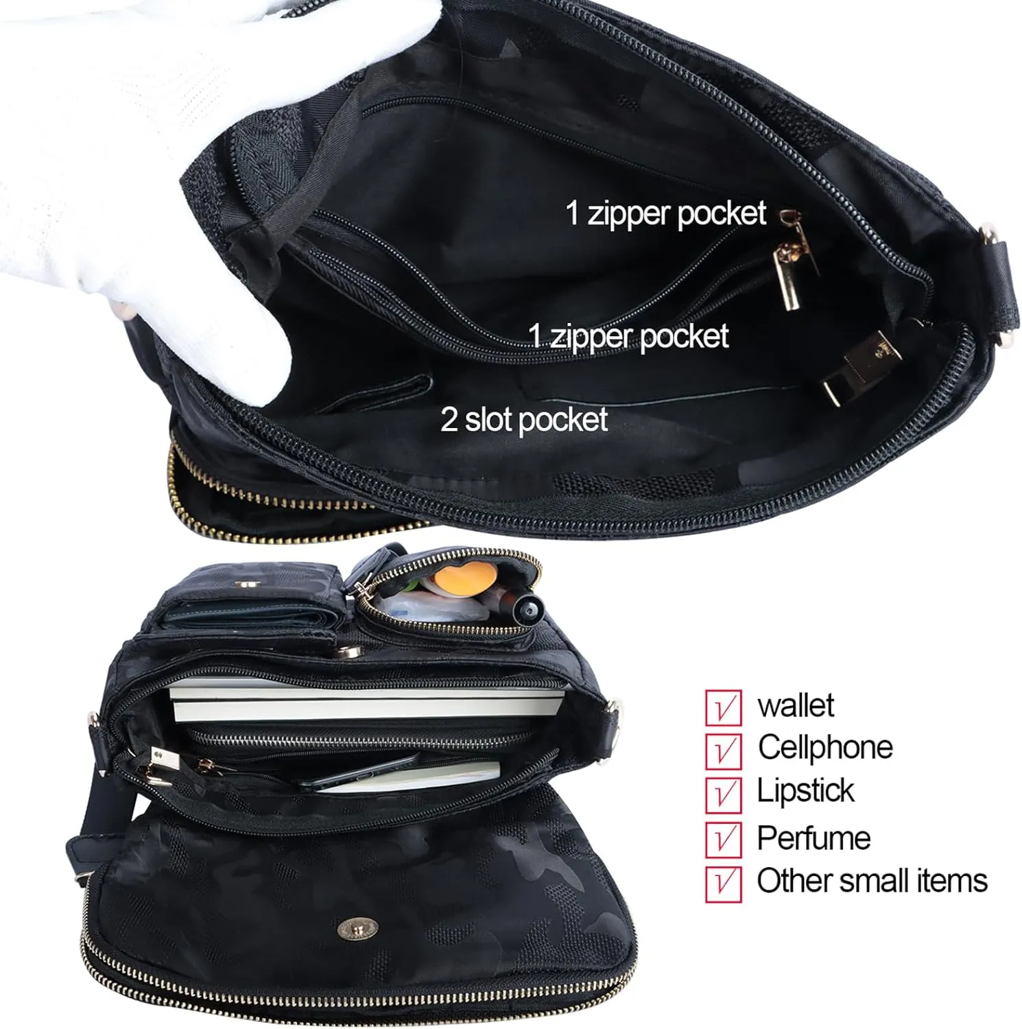 VGOAL Nylon Fabric Crossbody Bag Casual Fashion Multi-Pocket in Square Bag Female More Pockets Clamshell Shoulder Bag