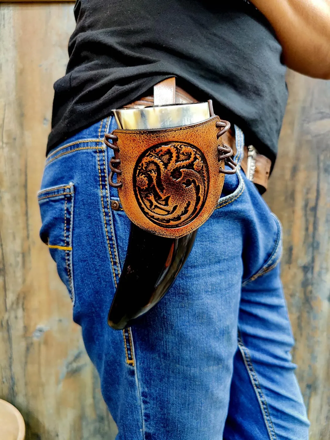 Viking Leather Belt Attachment Genuine Leather Hanger/Holster/Holder for 12"- 16'' Viking Drinking Horn Handcrafted Accessory securely attaching it to your belt, bag,or backpack engraved with Dragon
