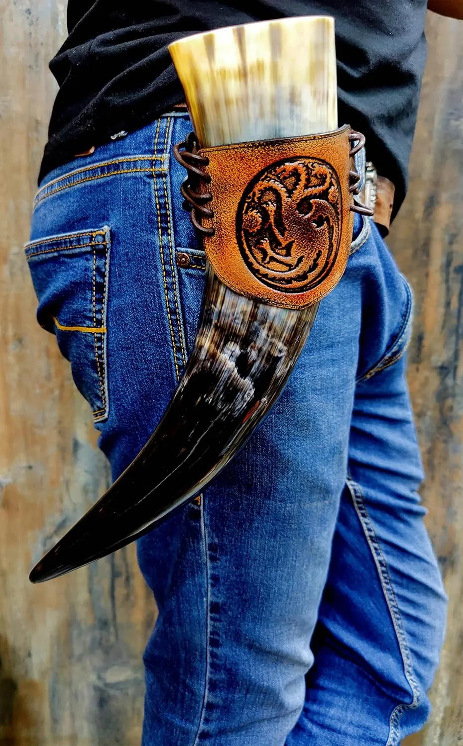 Viking Leather Belt Attachment Genuine Leather Hanger/Holster/Holder for 12"- 16'' Viking Drinking Horn Handcrafted Accessory securely attaching it to your belt, bag,or backpack engraved with Dragon
