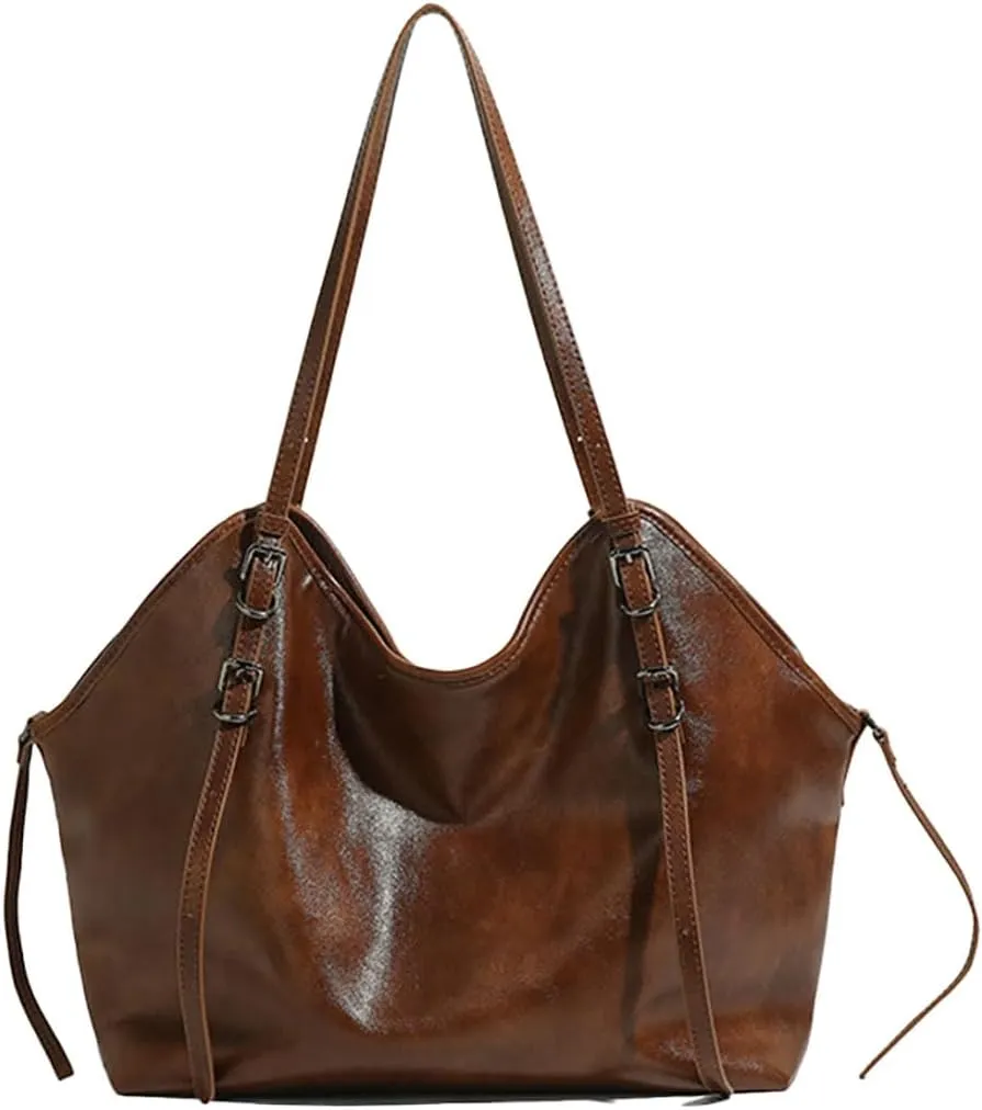 Vintage Soft Leather Tote Bag for Women, Large Capacity Stylish Shoulder Crossbody Purse, Fashionable Retro Handbag
