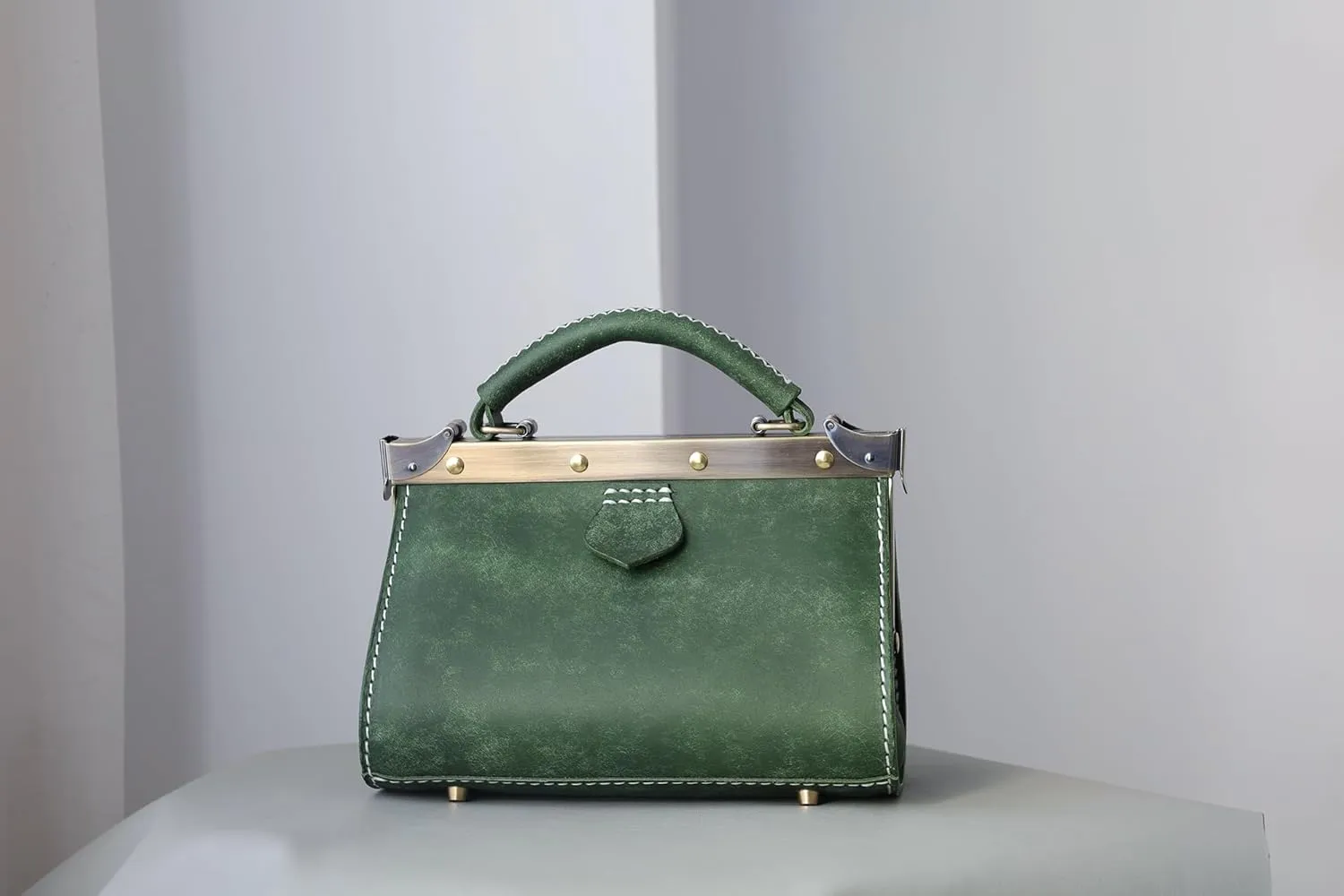 Vintage style leather doctor bag- Doctor Style Bag, Leather Purse, Off Shoulder Bag, Monogram Leather Bag, Every Day Carry Small (green)