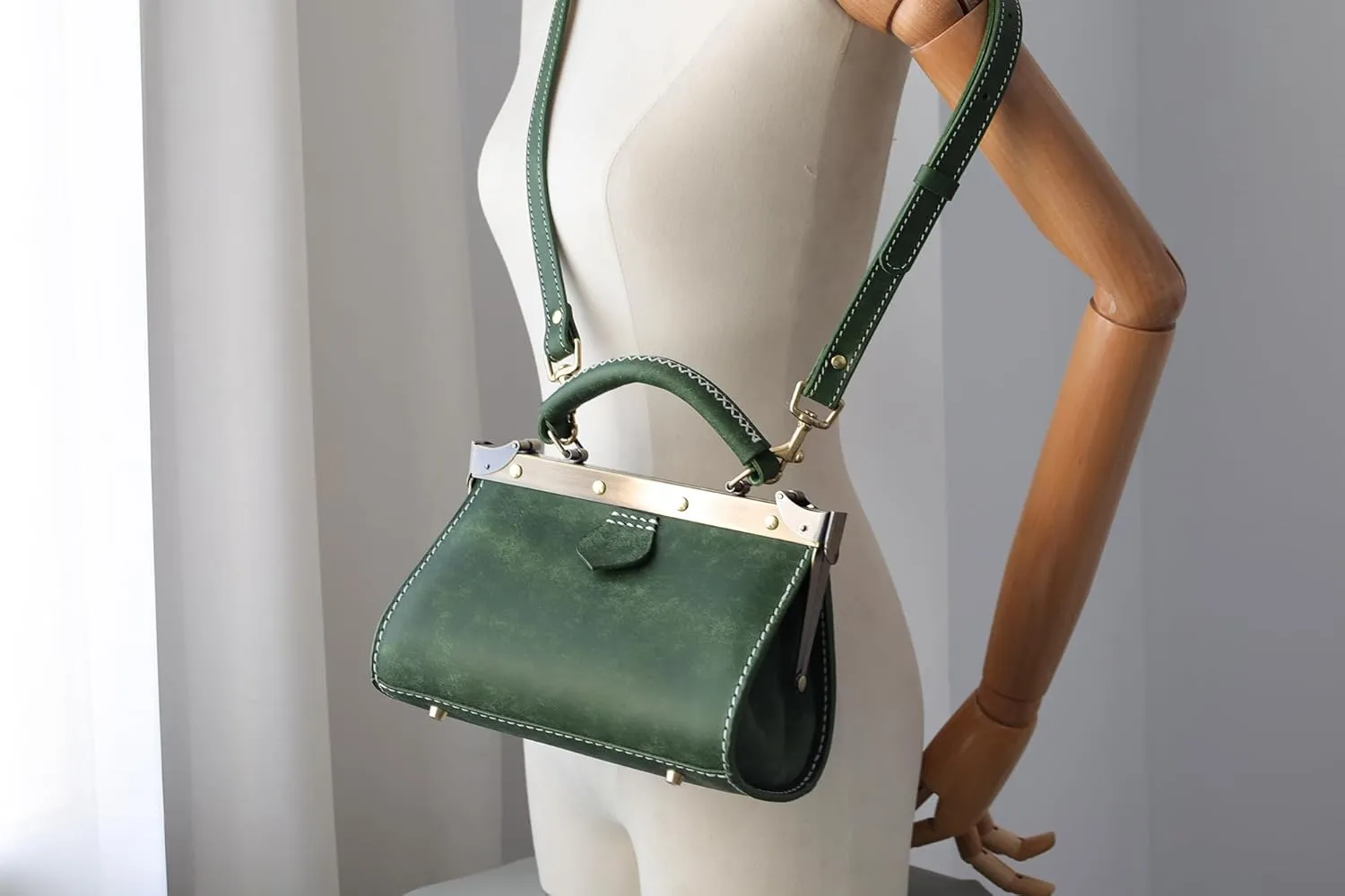 Vintage style leather doctor bag- Doctor Style Bag, Leather Purse, Off Shoulder Bag, Monogram Leather Bag, Every Day Carry Small (green)