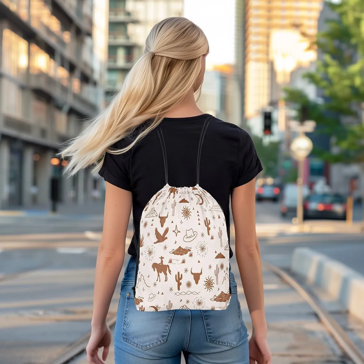 Vintage Western Drawstring Backpack 13x15.7 Western Drawstring Bags Retro Wild Horse Bull Skull Eagle Draw String Back Bags Desert Brown String Backpack