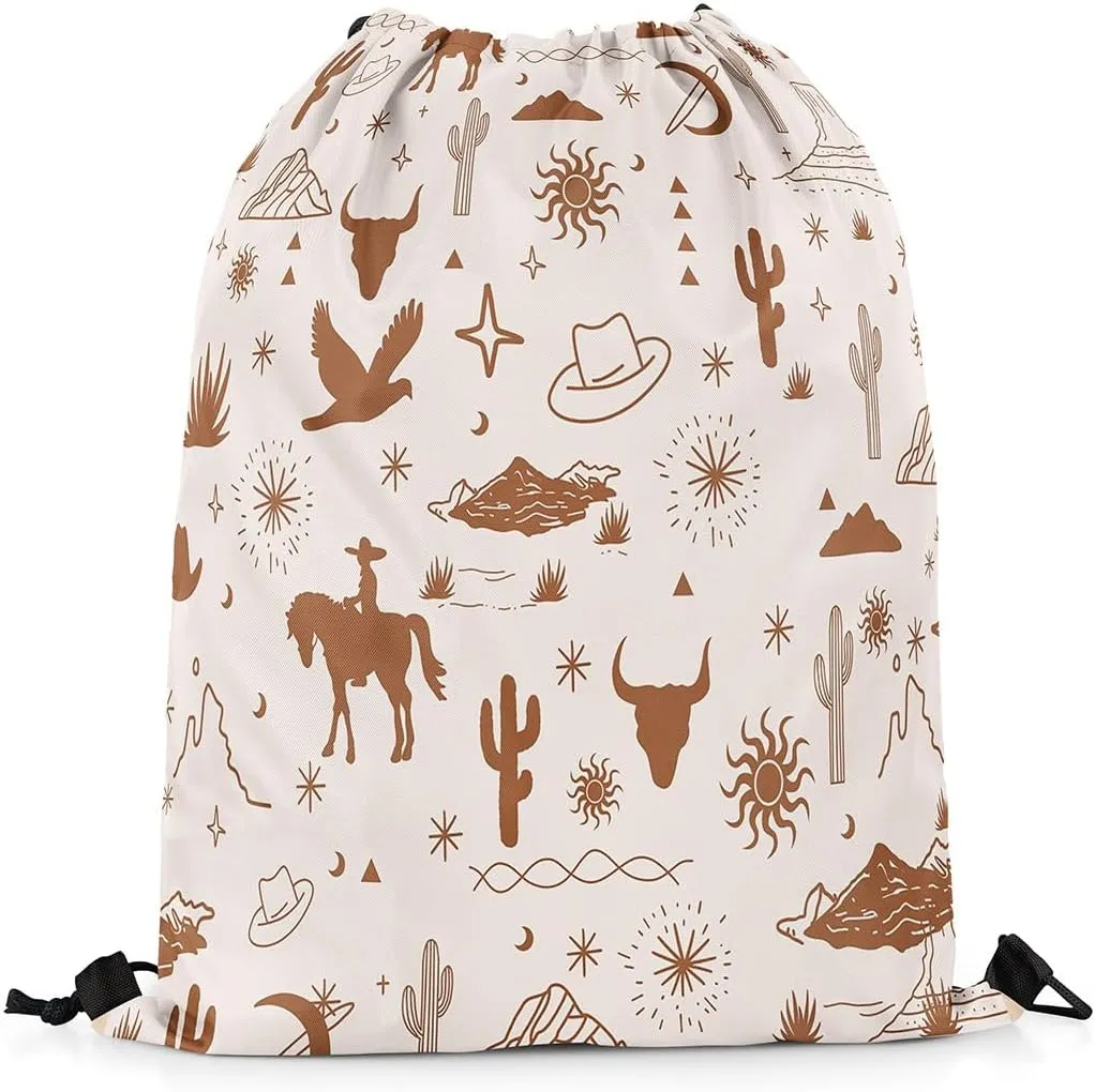 Vintage Western Drawstring Backpack 13x15.7 Western Drawstring Bags Retro Wild Horse Bull Skull Eagle Draw String Back Bags Desert Brown String Backpack