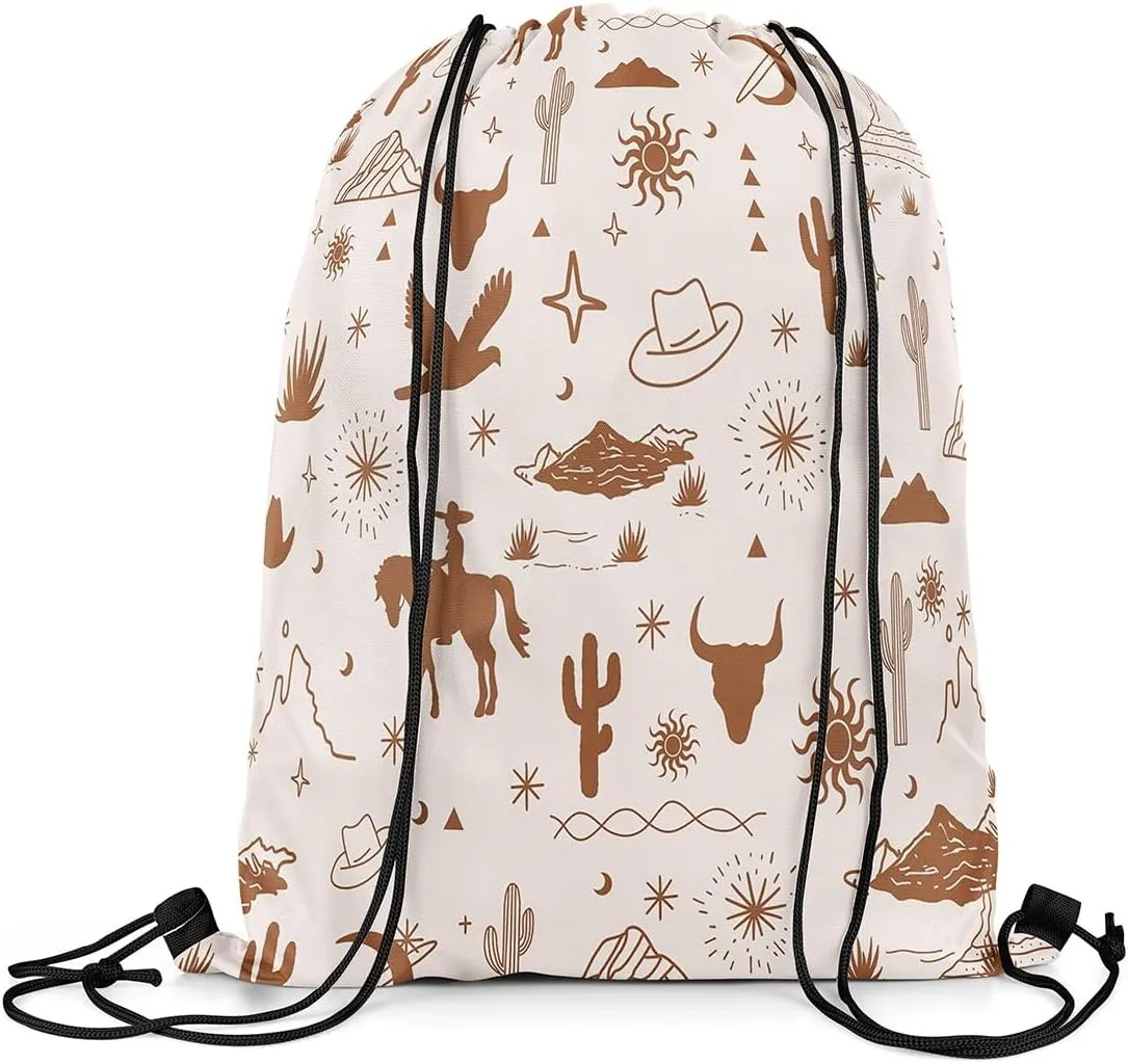 Vintage Western Drawstring Backpack 13x15.7 Western Drawstring Bags Retro Wild Horse Bull Skull Eagle Draw String Back Bags Desert Brown String Backpack
