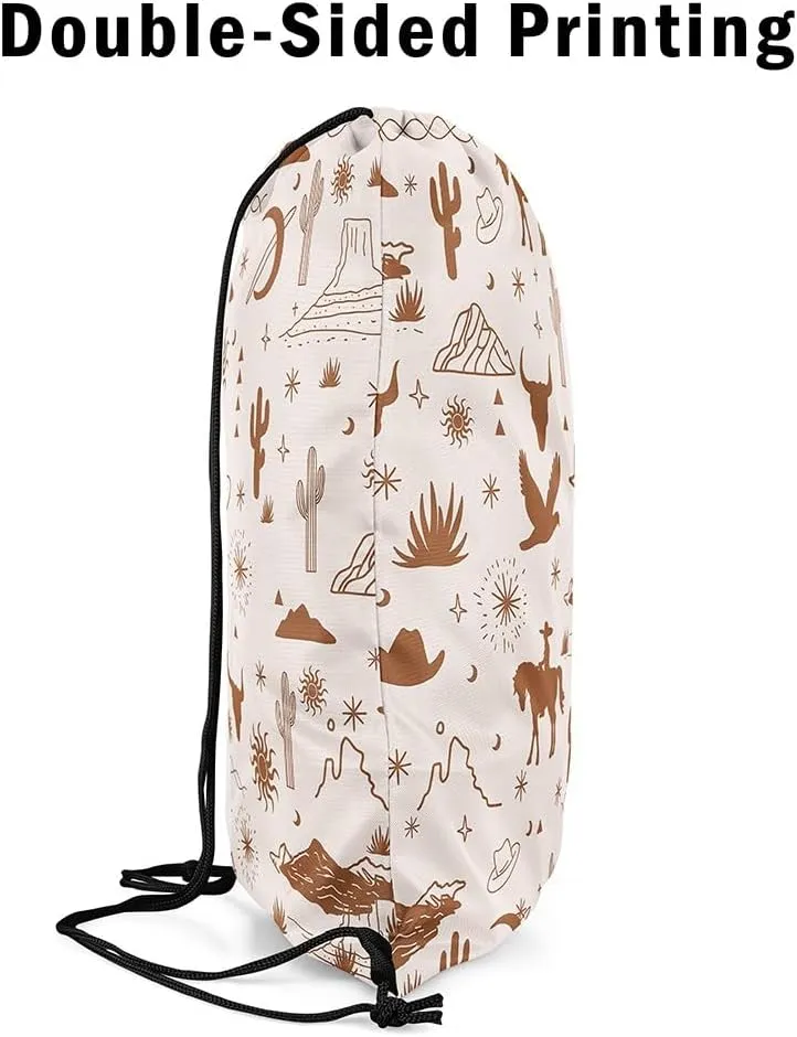 Vintage Western Drawstring Backpack 13x15.7 Western Drawstring Bags Retro Wild Horse Bull Skull Eagle Draw String Back Bags Desert Brown String Backpack
