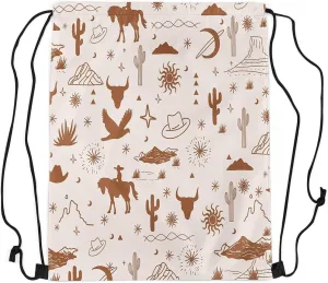 Vintage Western Drawstring Backpack 13x15.7 Western Drawstring Bags Retro Wild Horse Bull Skull Eagle Draw String Back Bags Desert Brown String Backpack