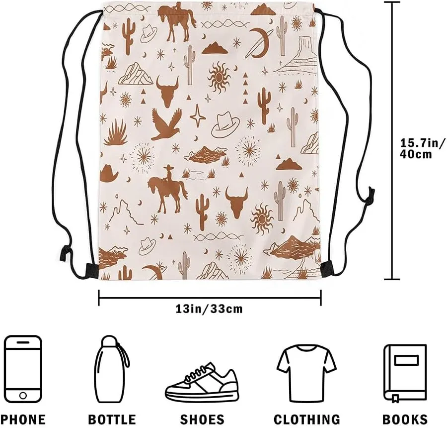 Vintage Western Drawstring Backpack 13x15.7 Western Drawstring Bags Retro Wild Horse Bull Skull Eagle Draw String Back Bags Desert Brown String Backpack