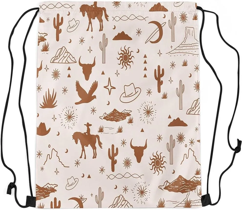 Vintage Western Drawstring Backpack 13x15.7 Western Drawstring Bags Retro Wild Horse Bull Skull Eagle Draw String Back Bags Desert Brown String Backpack