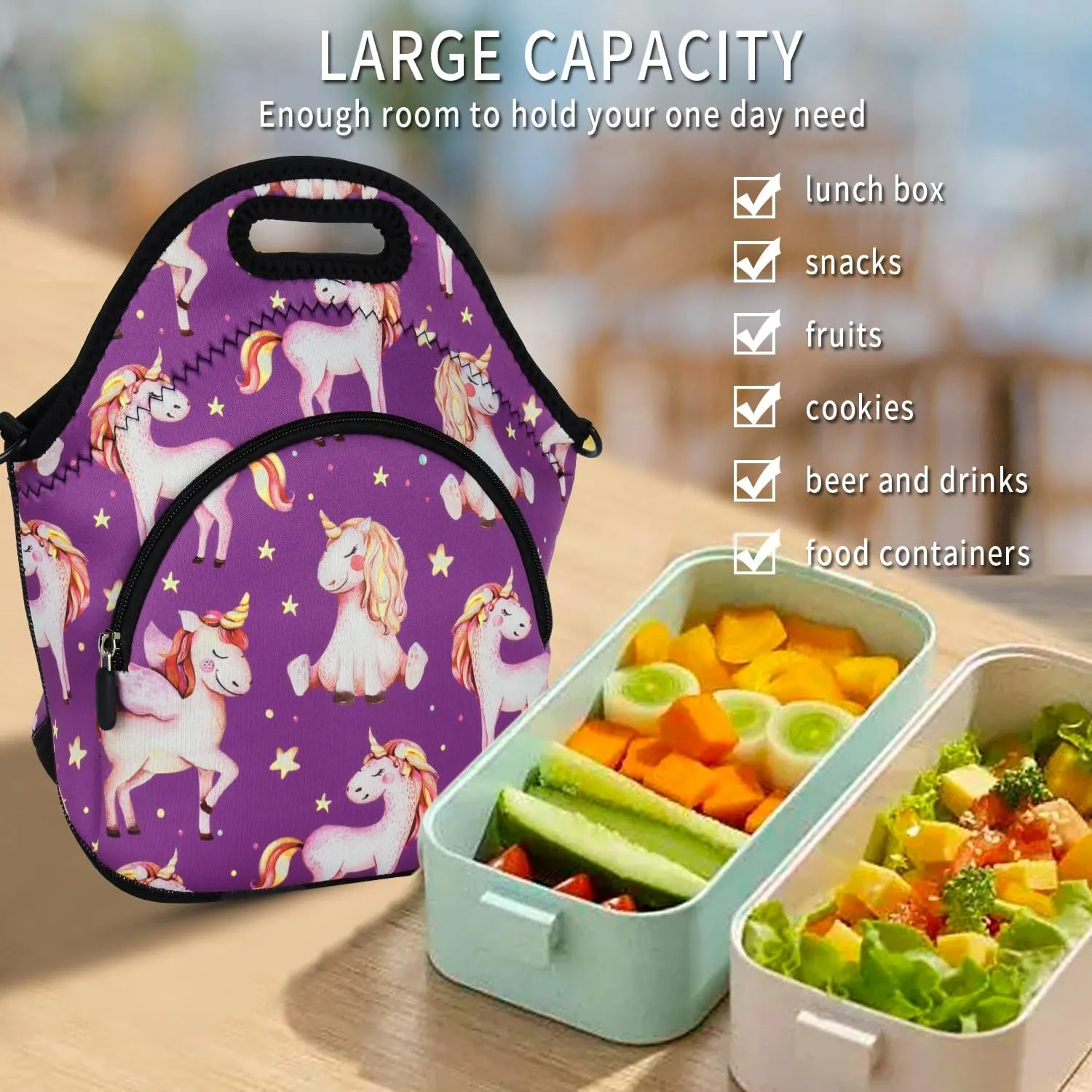 Violet Mist Neoprene Lunch Bags with Shoulder Strap, Purple Unicorn, Unisex, Meal Holder, 11.42"L x 10.43"H x 5.51"W