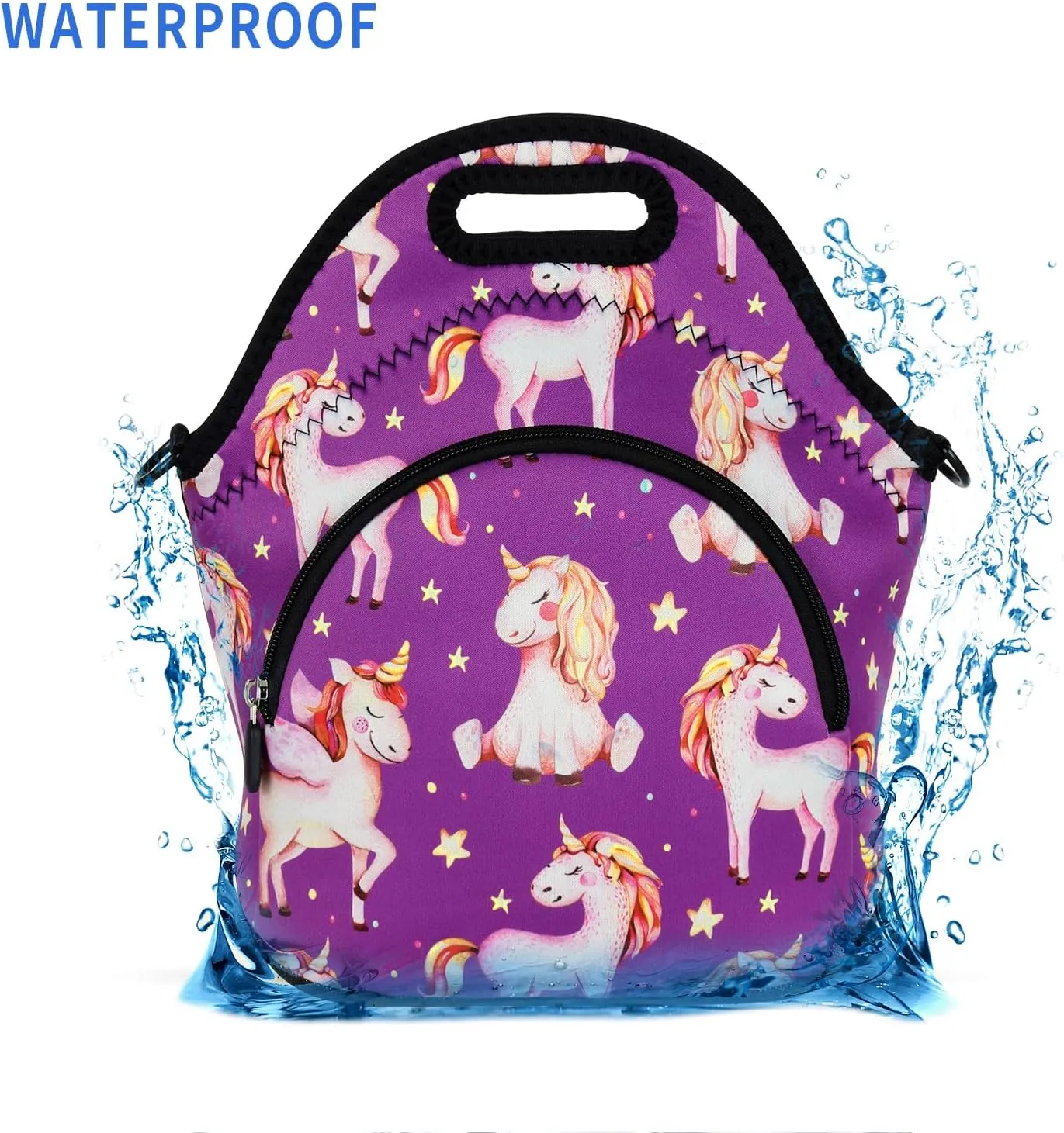 Violet Mist Neoprene Lunch Bags with Shoulder Strap, Purple Unicorn, Unisex, Meal Holder, 11.42"L x 10.43"H x 5.51"W