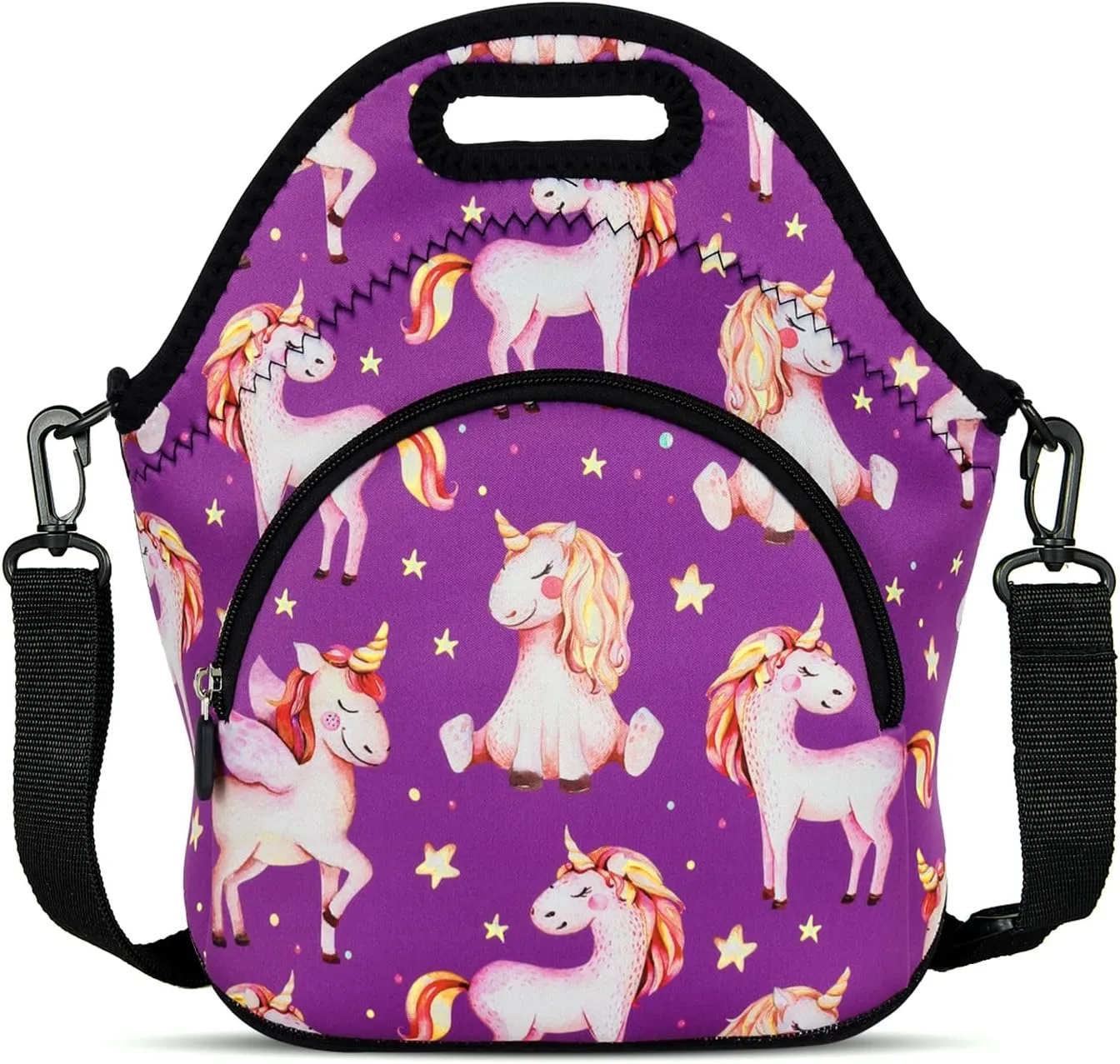 Violet Mist Neoprene Lunch Bags with Shoulder Strap, Purple Unicorn, Unisex, Meal Holder, 11.42"L x 10.43"H x 5.51"W