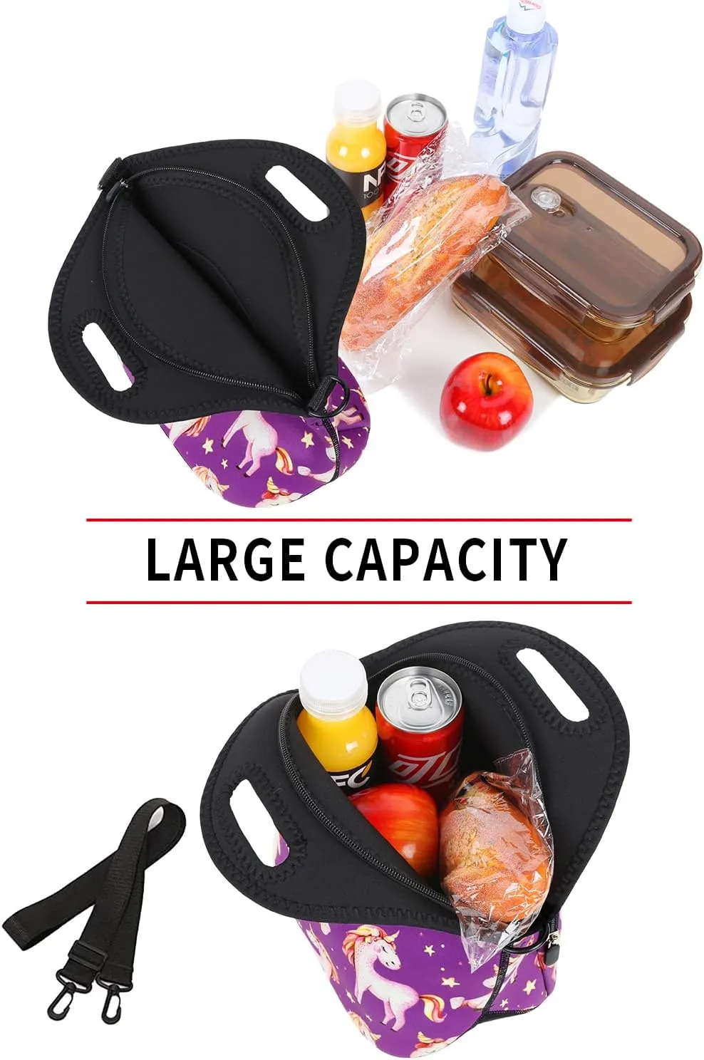 Violet Mist Neoprene Lunch Bags with Shoulder Strap, Purple Unicorn, Unisex, Meal Holder, 11.42"L x 10.43"H x 5.51"W