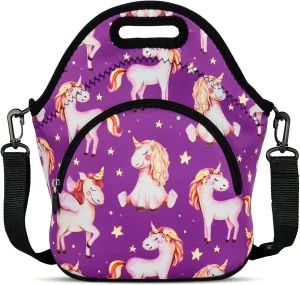 Violet Mist Neoprene Lunch Bags with Shoulder Strap, Purple Unicorn, Unisex, Meal Holder, 11.42"L x 10.43"H x 5.51"W