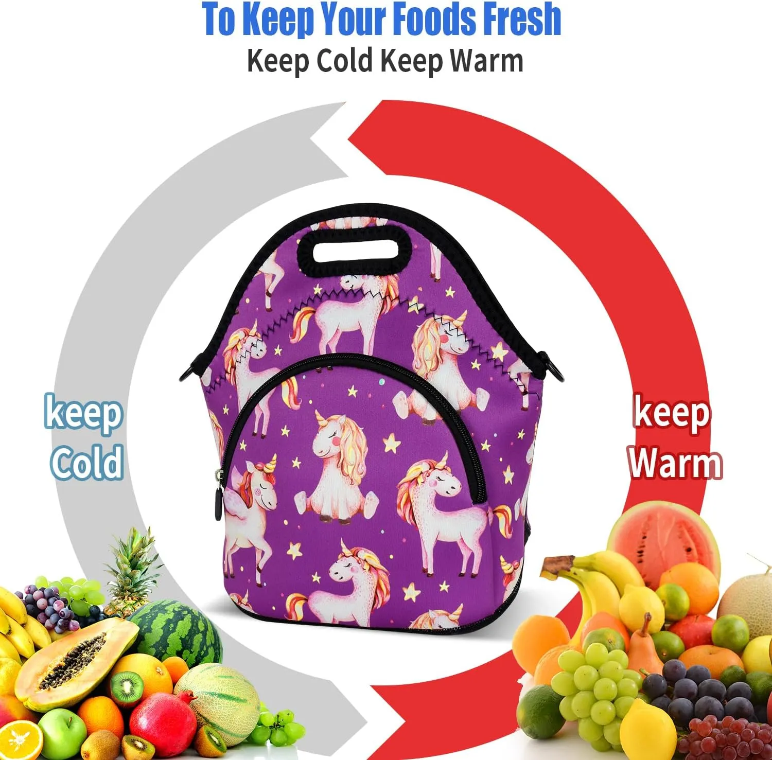 Violet Mist Neoprene Lunch Bags with Shoulder Strap, Purple Unicorn, Unisex, Meal Holder, 11.42"L x 10.43"H x 5.51"W