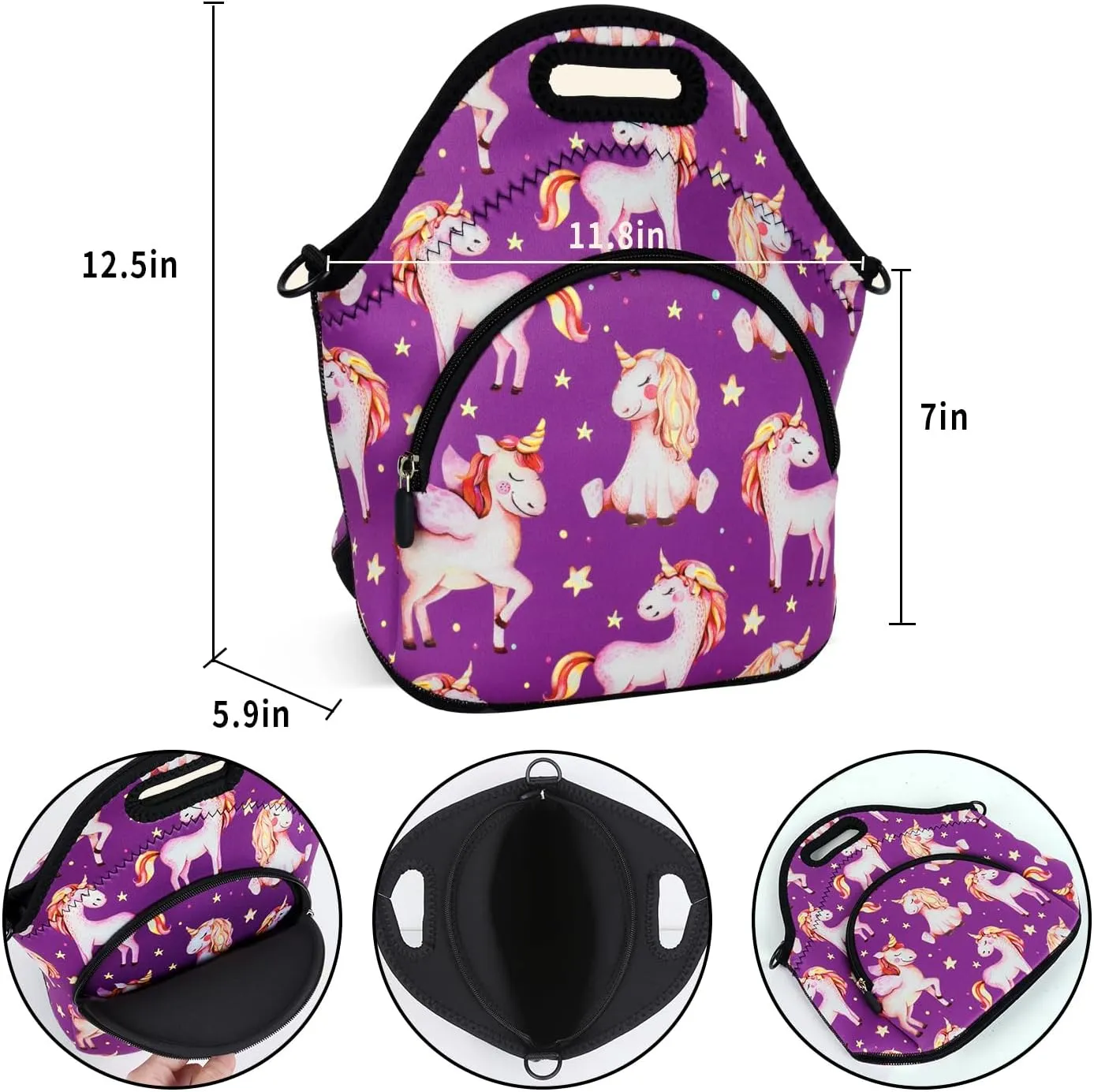 Violet Mist Neoprene Lunch Bags with Shoulder Strap, Purple Unicorn, Unisex, Meal Holder, 11.42"L x 10.43"H x 5.51"W