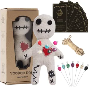 Voodoo Doll Set Include Spell Cards and 7 Pcs Stress Relief Pins, Dammit Creepy Ghost Doll for Halloween Decoration Ornaments Fidget Toys Stress Relieving