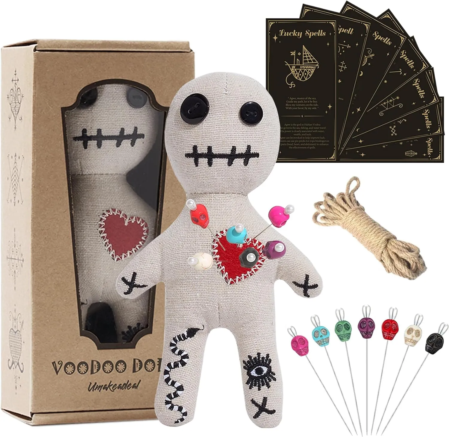 Voodoo Doll Set Include Spell Cards and 7 Pcs Stress Relief Pins, Dammit Creepy Ghost Doll for Halloween Decoration Ornaments Fidget Toys Stress Relieving
