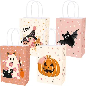 Waline 24pc Pink Halloween Party Gift Bags with Handles - Cute Ghost Boo Bat Evil Pumpkin Cat Paper Goodie Bags for Birthday, Wedding, Baby Shower