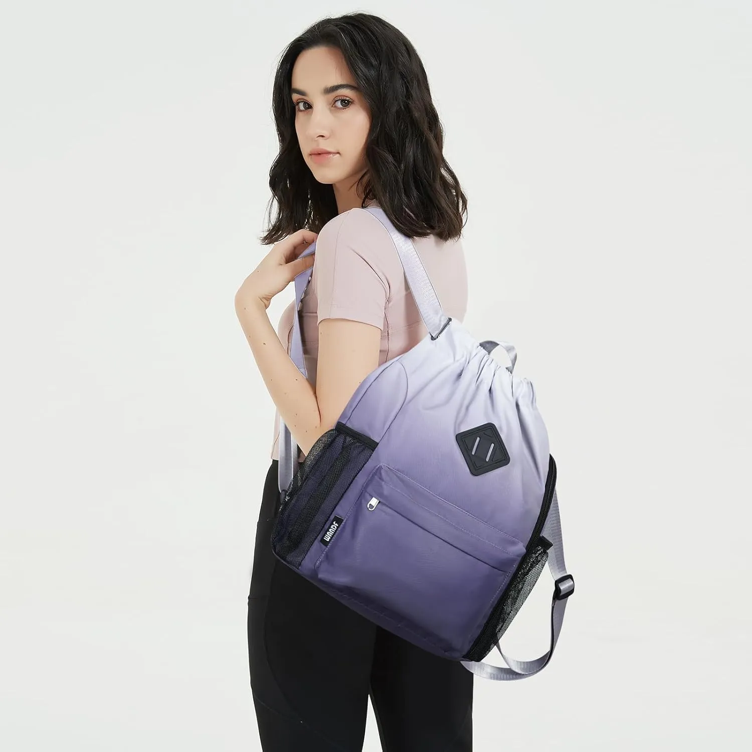 WANDF Drawstring Backpack Sports Gym Bag with Shoes Compartment, Water-Resistant String Backpack Cinch for Women Men (Small,Grey Gradient)