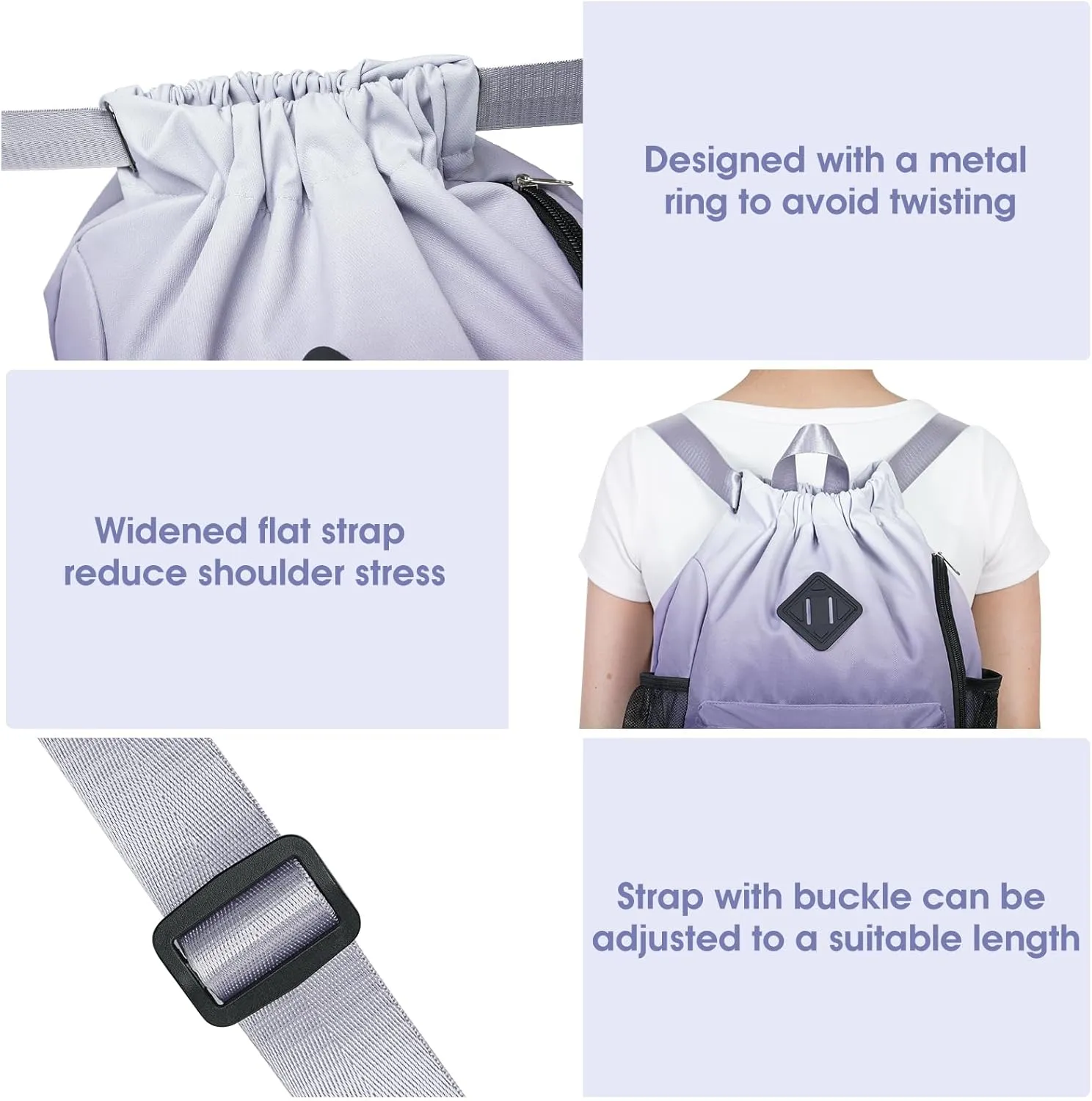 WANDF Drawstring Backpack Sports Gym Bag with Shoes Compartment, Water-Resistant String Backpack Cinch for Women Men (Small,Grey Gradient)
