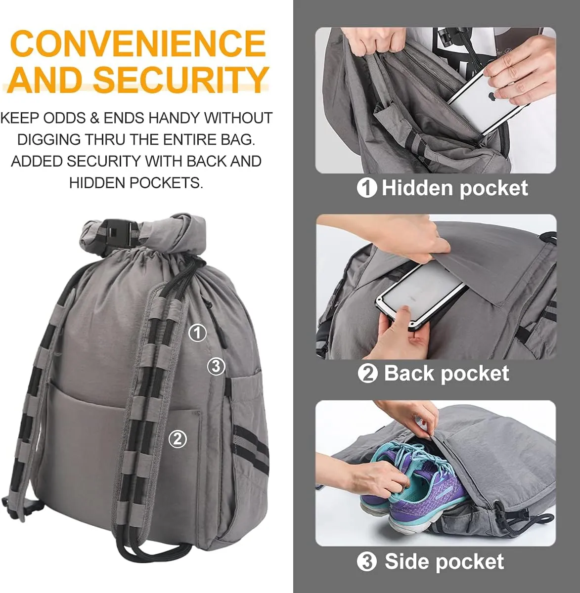 Water-Resistant Drawstring Bag - Expandable 30L with Anti-Theft Zipper Pockets - Ideal Small Cinch Backpack for Men, Women, and Kids - Perfect Gym, Beach, School, and Travel Bag (Gray)