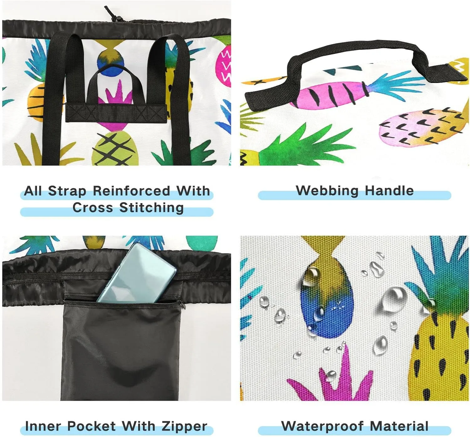 Watercolor Multi-color Sketchy Pineapples Seamless Pattern on White Backpack Laundry Bag, Laundry Backpack with Shoulder Straps, Waterproof Nylon Clothes Hamper Bag for Men Women Yoga Backpack