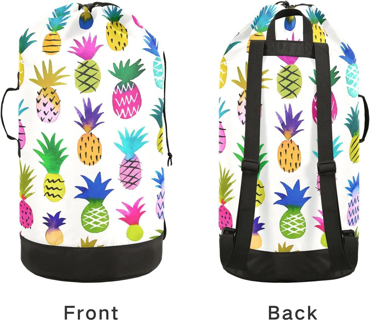 Watercolor Multi-color Sketchy Pineapples Seamless Pattern on White Backpack Laundry Bag, Laundry Backpack with Shoulder Straps, Waterproof Nylon Clothes Hamper Bag for Men Women Yoga Backpack