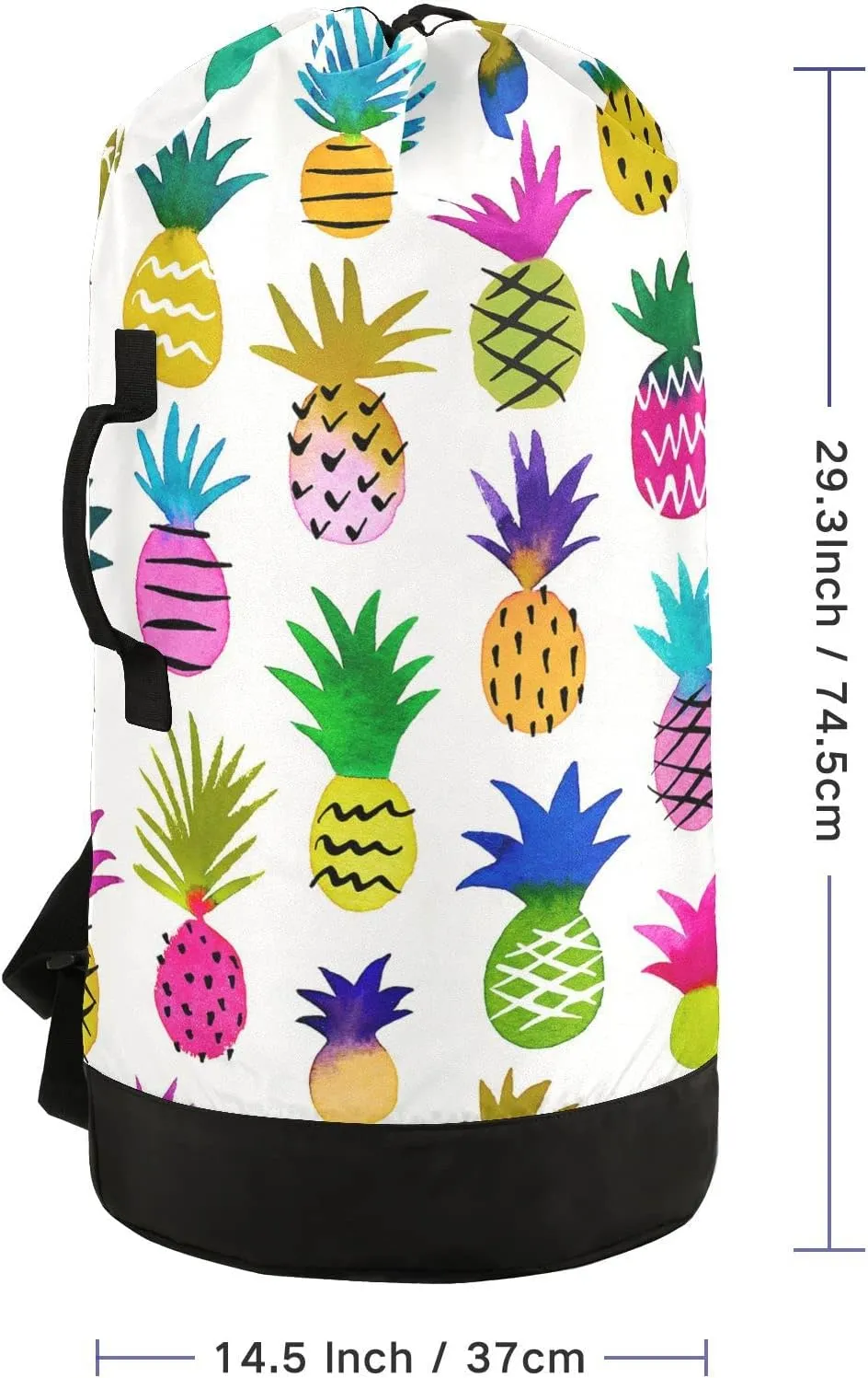 Watercolor Multi-color Sketchy Pineapples Seamless Pattern on White Backpack Laundry Bag, Laundry Backpack with Shoulder Straps, Waterproof Nylon Clothes Hamper Bag for Men Women Yoga Backpack