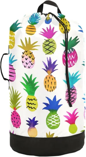 Watercolor Multi-color Sketchy Pineapples Seamless Pattern on White Backpack Laundry Bag, Laundry Backpack with Shoulder Straps, Waterproof Nylon Clothes Hamper Bag for Men Women Yoga Backpack