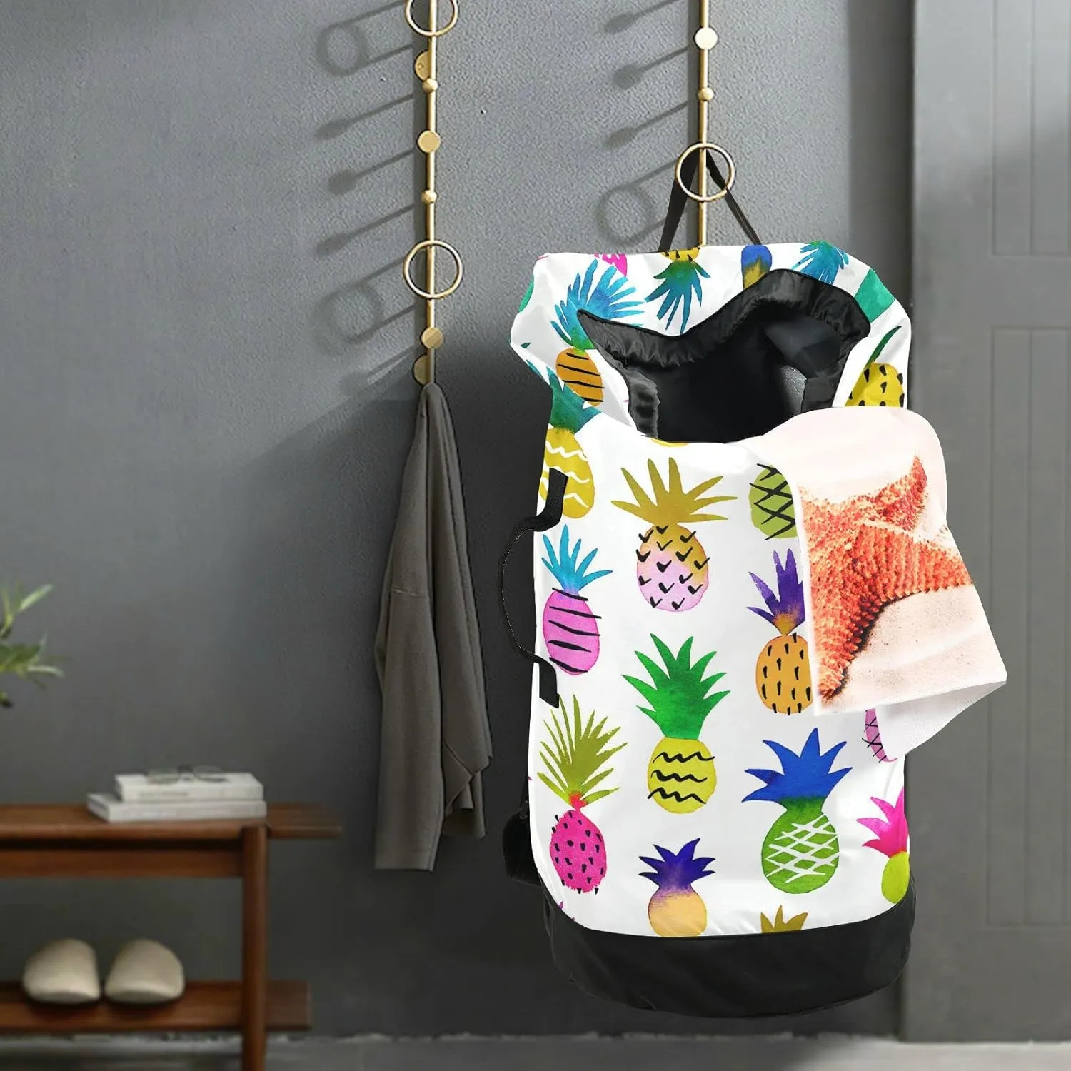 Watercolor Multi-color Sketchy Pineapples Seamless Pattern on White Backpack Laundry Bag, Laundry Backpack with Shoulder Straps, Waterproof Nylon Clothes Hamper Bag for Men Women Yoga Backpack