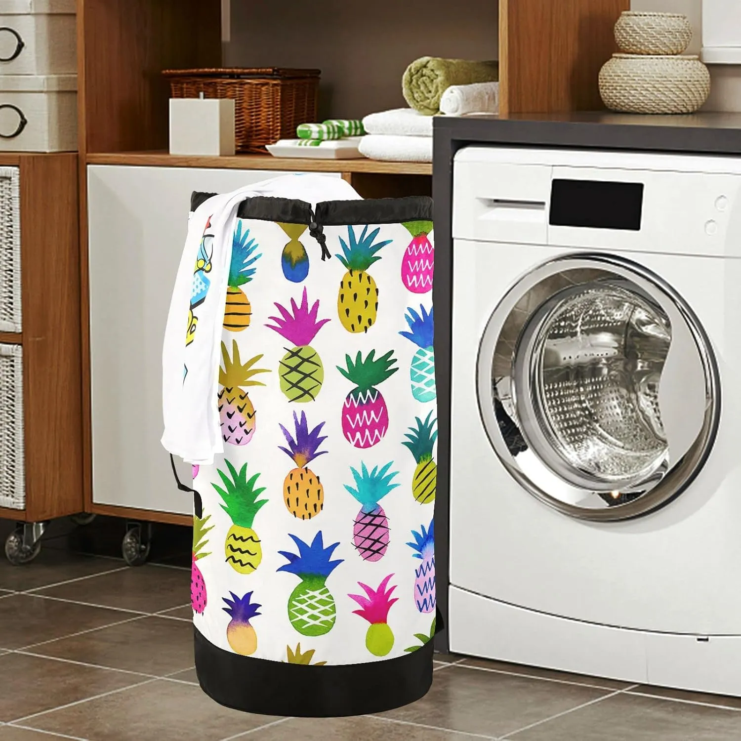 Watercolor Multi-color Sketchy Pineapples Seamless Pattern on White Backpack Laundry Bag, Laundry Backpack with Shoulder Straps, Waterproof Nylon Clothes Hamper Bag for Men Women Yoga Backpack