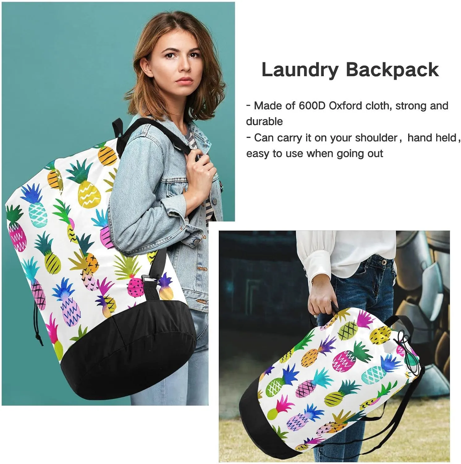Watercolor Multi-color Sketchy Pineapples Seamless Pattern on White Backpack Laundry Bag, Laundry Backpack with Shoulder Straps, Waterproof Nylon Clothes Hamper Bag for Men Women Yoga Backpack