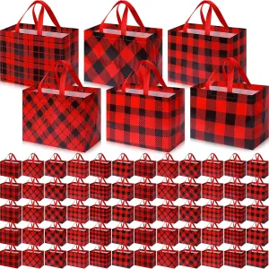 Wesnoy 60 Pcs Christmas Large Gift Bags with Handles 12.99 x 6.69 x 9.84 inch Reusable Christmas Tote Buffalo Plaid Treat Non Woven Holiday Goodie Bags for Xmas Wedding Party Supplies(Red)