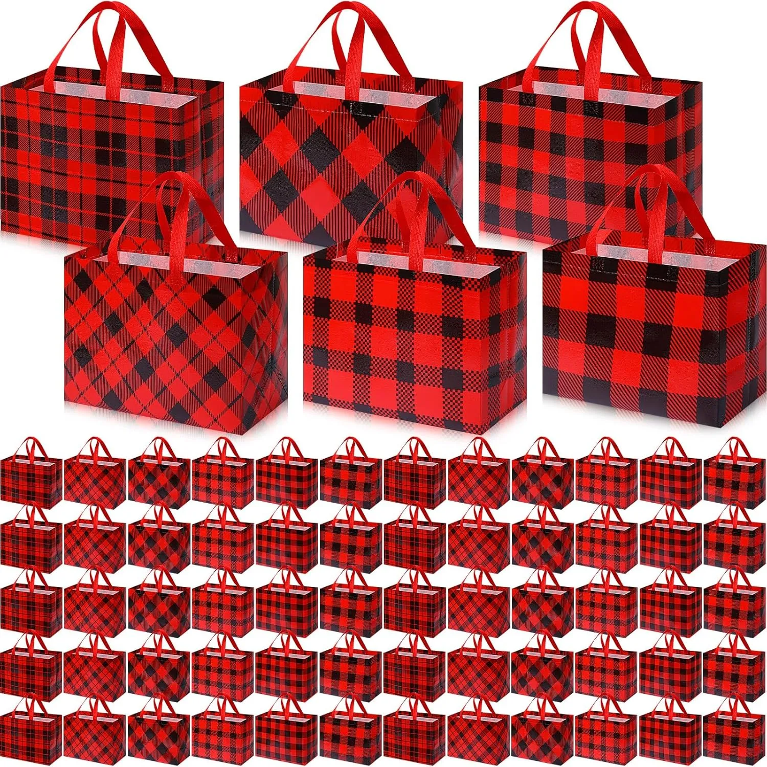 Wesnoy 60 Pcs Christmas Large Gift Bags with Handles 12.99 x 6.69 x 9.84 inch Reusable Christmas Tote Buffalo Plaid Treat Non Woven Holiday Goodie Bags for Xmas Wedding Party Supplies(Red)