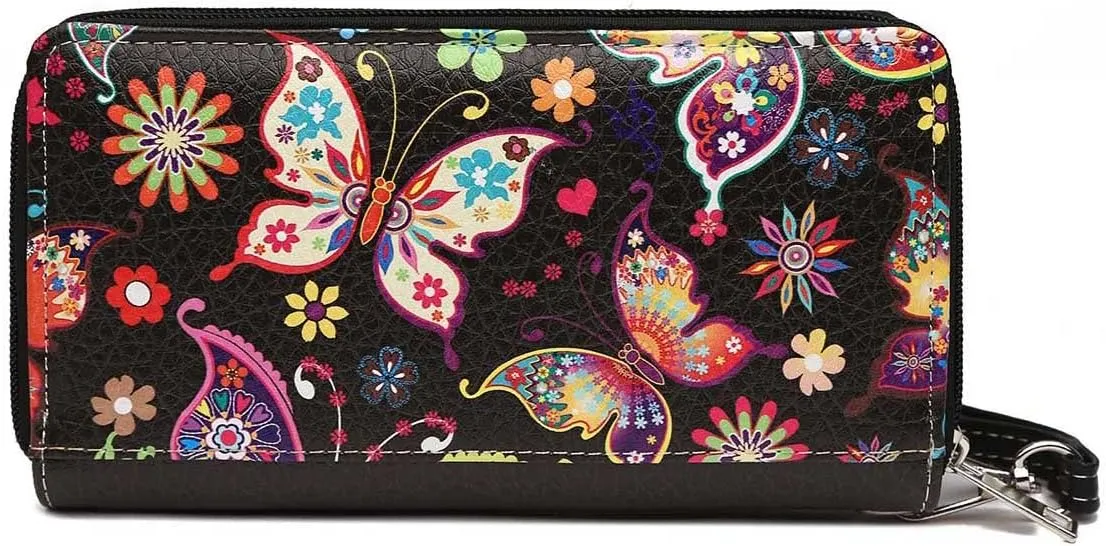Western Style Butterfly Rhinestone Concho Studded Embroidered Floral Country Wrist Strap Women Wristlet Double Zip Wallet (Black2)