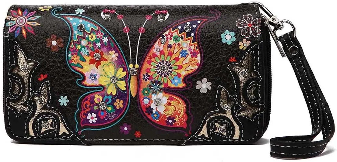 Western Style Butterfly Rhinestone Concho Studded Embroidered Floral Country Wrist Strap Women Wristlet Double Zip Wallet (Black2)