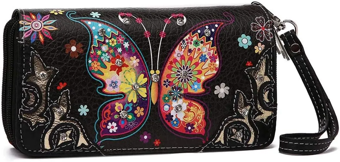 Western Style Butterfly Rhinestone Concho Studded Embroidered Floral Country Wrist Strap Women Wristlet Double Zip Wallet (Black2)