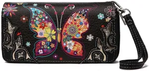 Western Style Butterfly Rhinestone Concho Studded Embroidered Floral Country Wrist Strap Women Wristlet Double Zip Wallet (Black2)