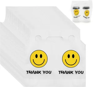 Whaline 1000 Count Thank You Handle Drink Bags 2 Cups Smile Face Plastic Packaging Poly Bag Carriers for Delivery Take Out Cup Holder Beverage Coffee Juice Mike Tea Stores, 11 x 12.2 Inch