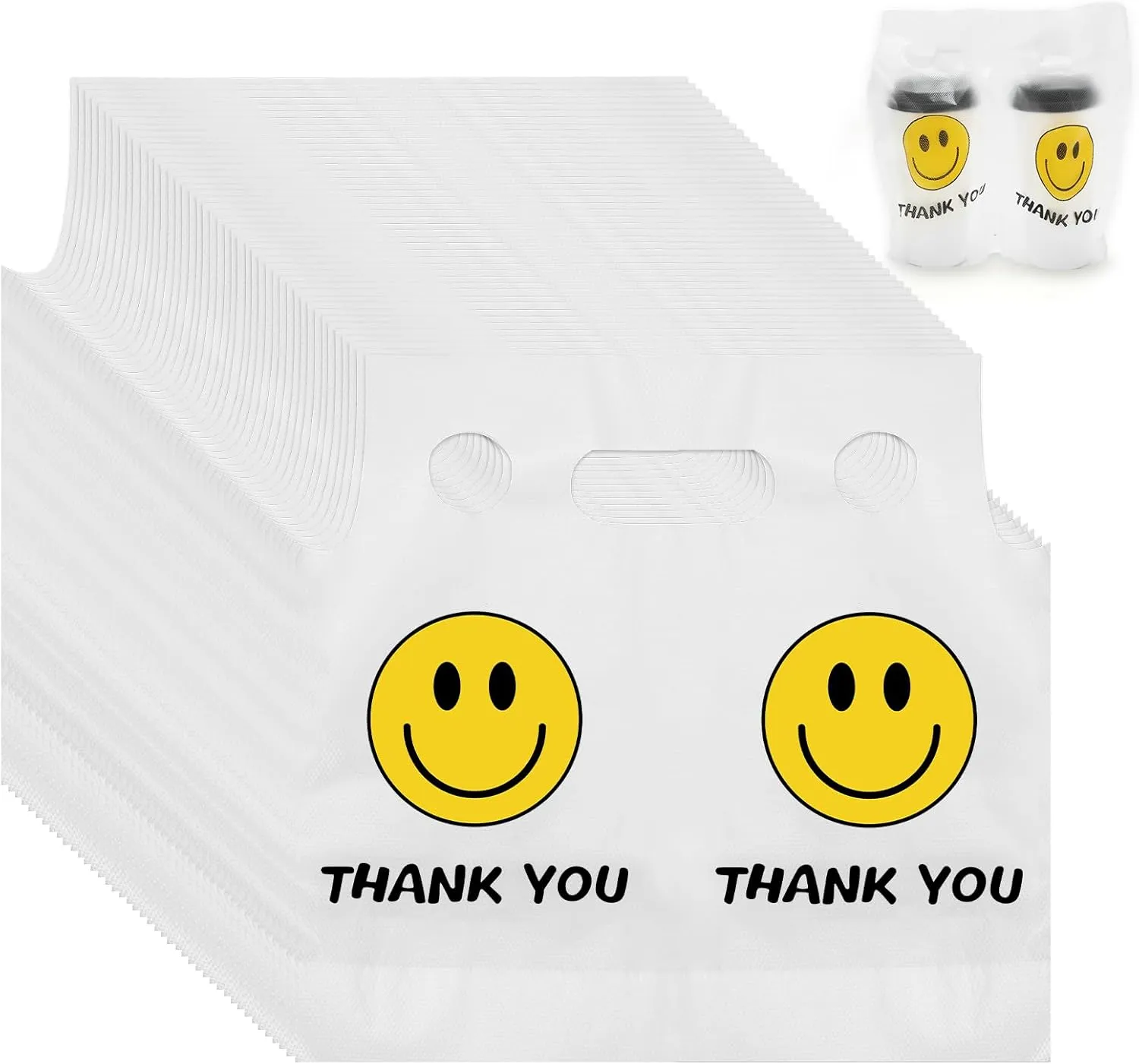 Whaline 1000 Count Thank You Handle Drink Bags 2 Cups Smile Face Plastic Packaging Poly Bag Carriers for Delivery Take Out Cup Holder Beverage Coffee Juice Mike Tea Stores, 11 x 12.2 Inch
