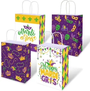 Whaline 20 Pack Mardi Gras Paper Gift Bags with Handle Crown Mask Gold Coins Party Favor Treat Bags for Gift Wrapping Birthday Party Supplies, 4 Designs
