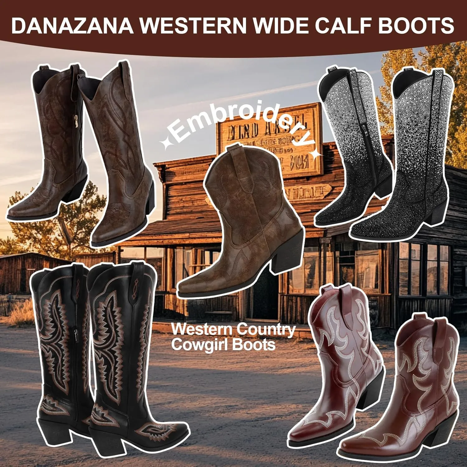 Wide Calf Cowgirl Ankle Boots Women Western Embroidered Ankle Boots Closed Pointed Toe Pull On Cowboy Ankle Booties Lady Retro Country Ankle Boots Size 7-10