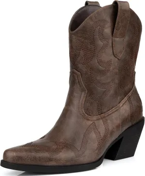 Wide Calf Cowgirl Ankle Boots Women Western Embroidered Ankle Boots Closed Pointed Toe Pull On Cowboy Ankle Booties Lady Retro Country Ankle Boots Size 7-10