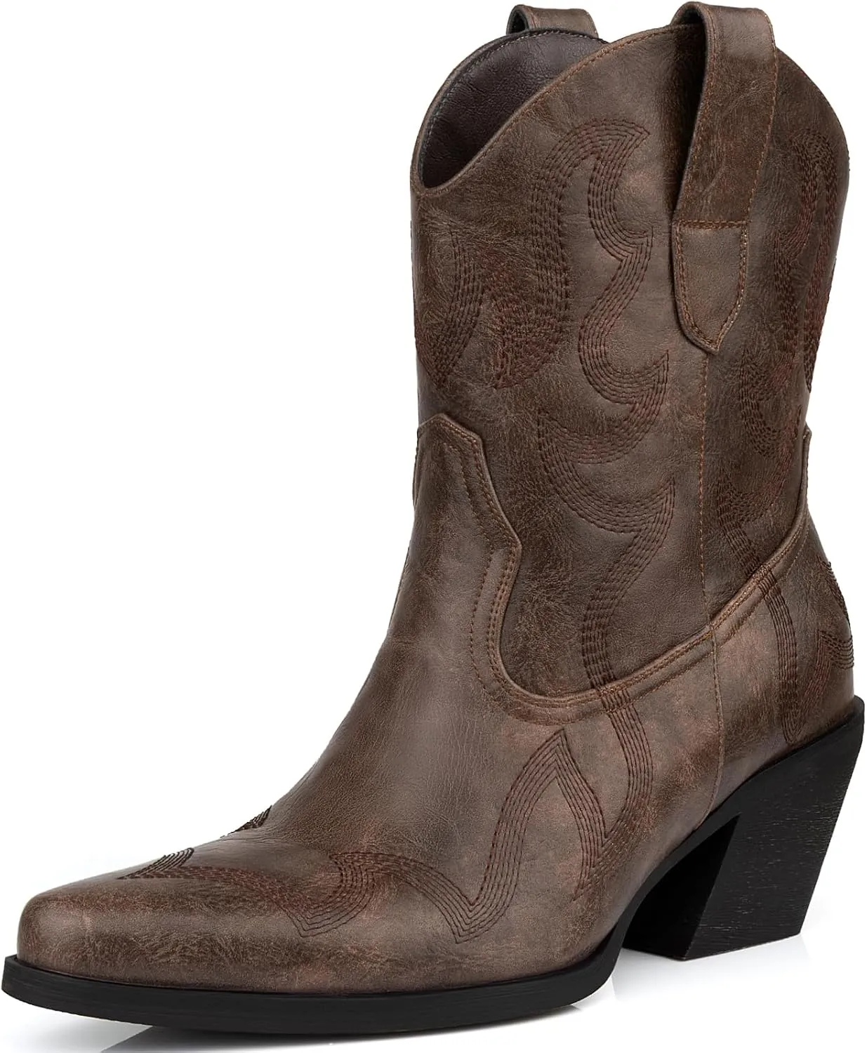 Wide Calf Cowgirl Ankle Boots Women Western Embroidered Ankle Boots Closed Pointed Toe Pull On Cowboy Ankle Booties Lady Retro Country Ankle Boots Size 7-10