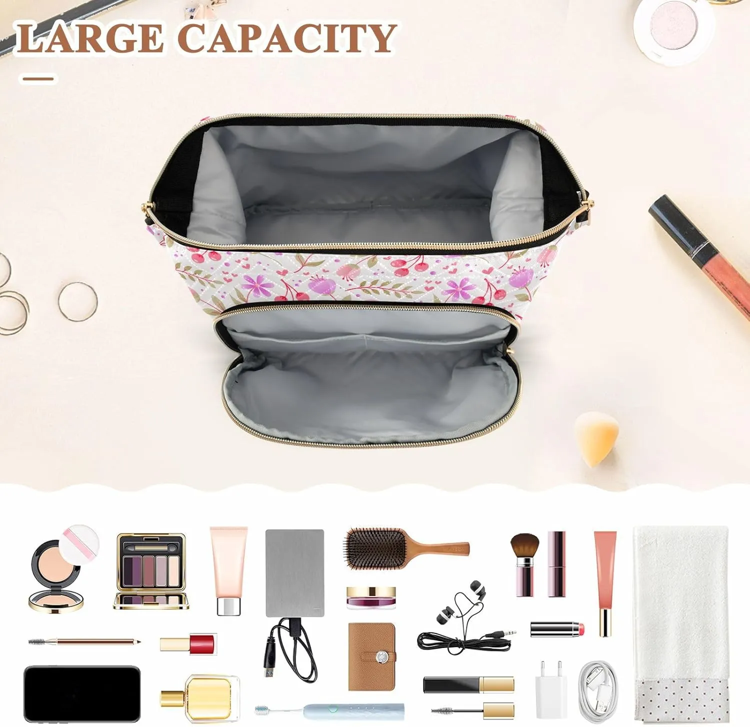 Wide Open Quilted Cosmetic Bag Large Capacity Travel Toiletry Pouch with Lightweight and Puffy Design