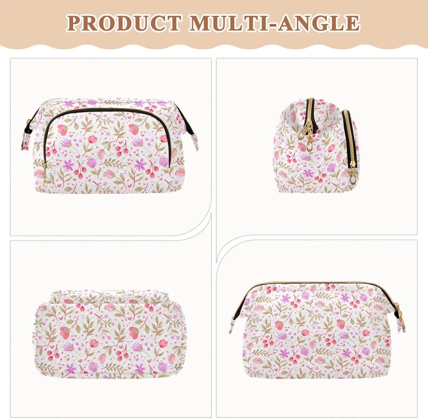 Wide Open Quilted Cosmetic Bag Large Capacity Travel Toiletry Pouch with Lightweight and Puffy Design