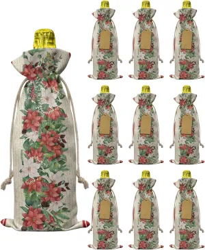 Wine Gift Bag Washable Wine Bags for Wine Bottles Gifts Christmas Watercolor Poinsettia Vintage Texture Lvory Wine Travel Bag Burlap Wine Bags with Drawstrings Tabs, 10PCS, 6.3x17.3 Inch